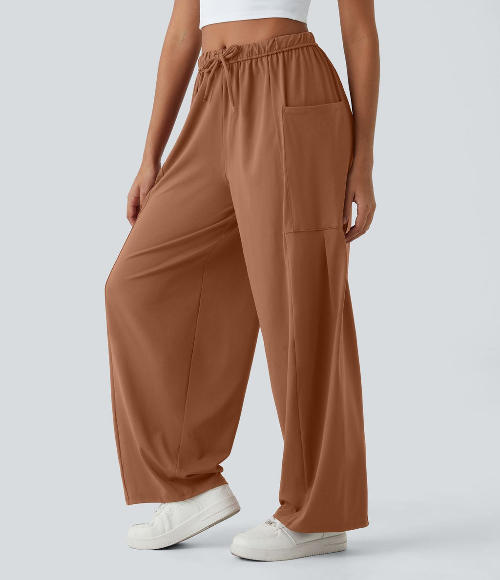 Pantalon Large Fluide Taille Mi-Haute Taille Élastique Cordon Poches Latérales Ourlet Flottant