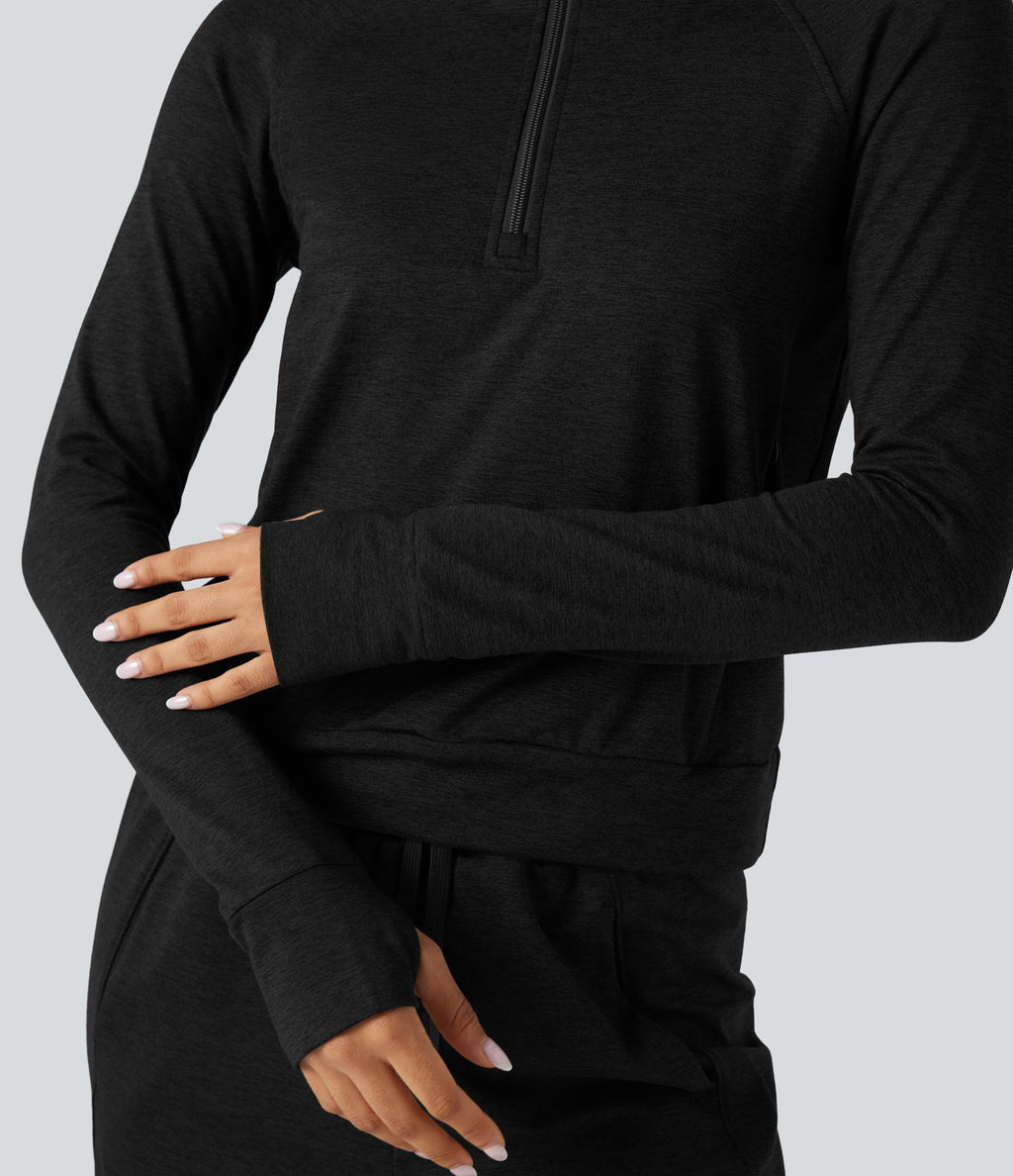 Sweat-shirt polaire thermique chiné séchage rapide demi-zip avec trous pouces et poches - UPF40+