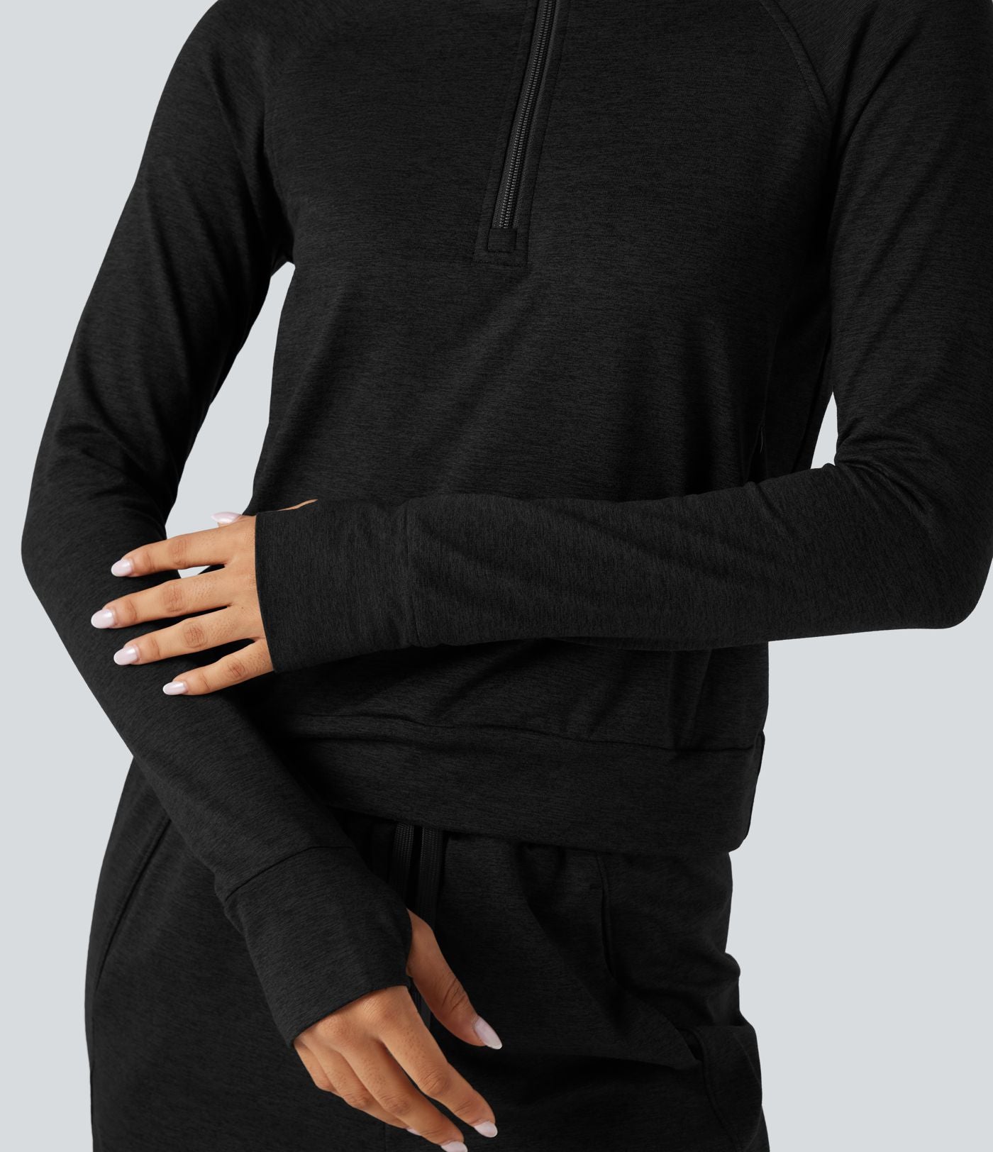 Sweat-shirt polaire thermique chiné séchage rapide demi-zip avec trous pouces et poches - UPF40+