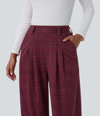 Pantalon taille haute décontracté large à carreaux, avec poches