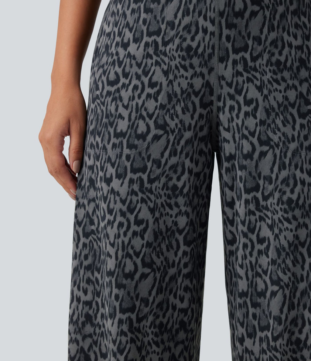 Pantalon de yoga droit taille haute Halara UltraSculpt™ léopard avec dentelle contrastée et poches
