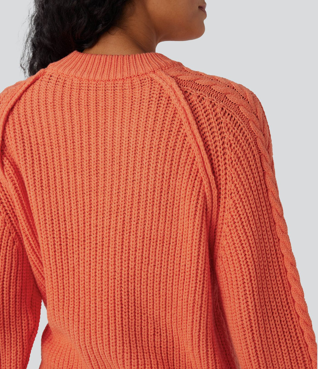 Pull décontracté maille torsadée col rond manches raglan longues coupe décontractée