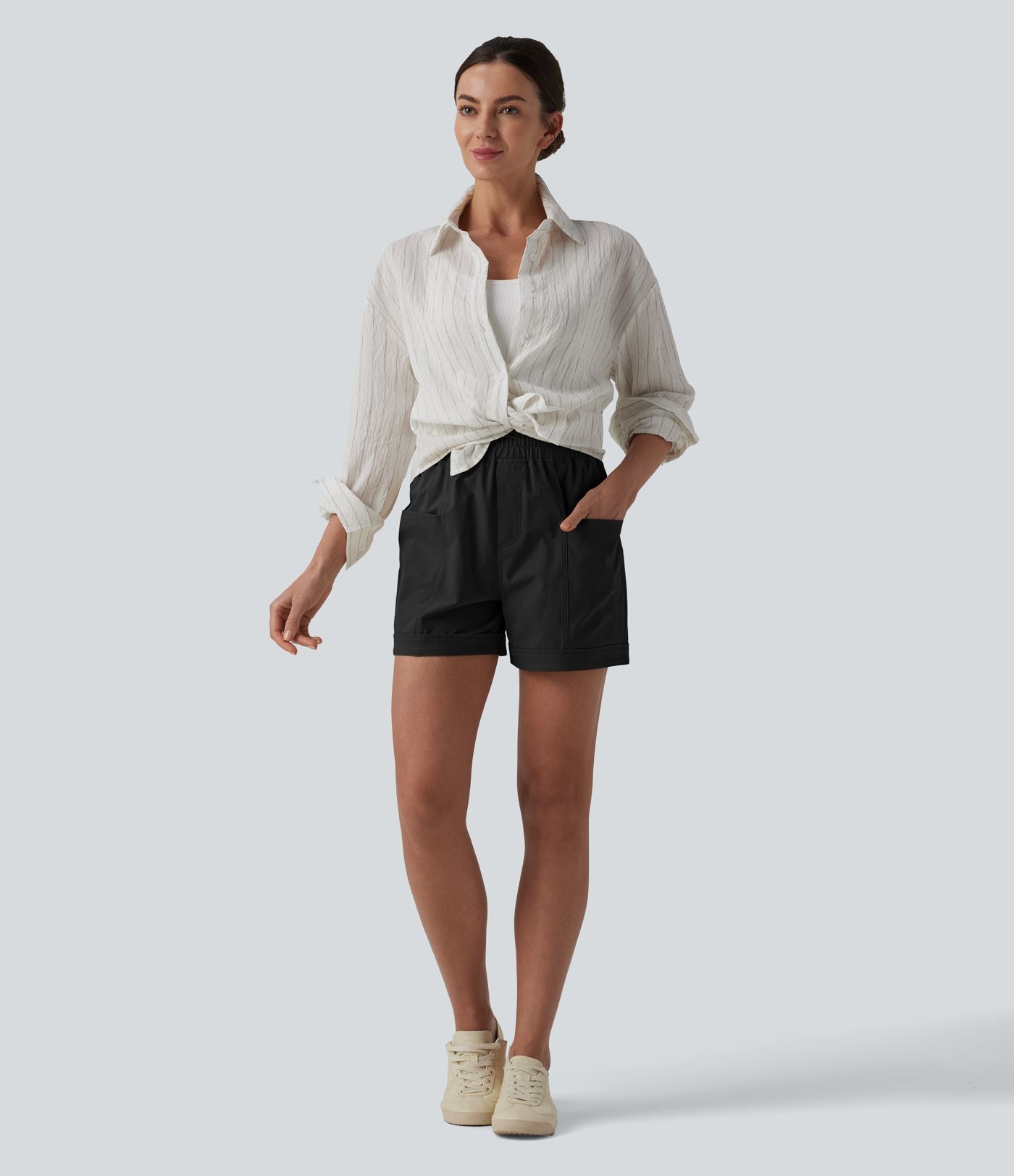 Short casual ample taille mi-haute en popeline extensible à cordon de serrage avec poches