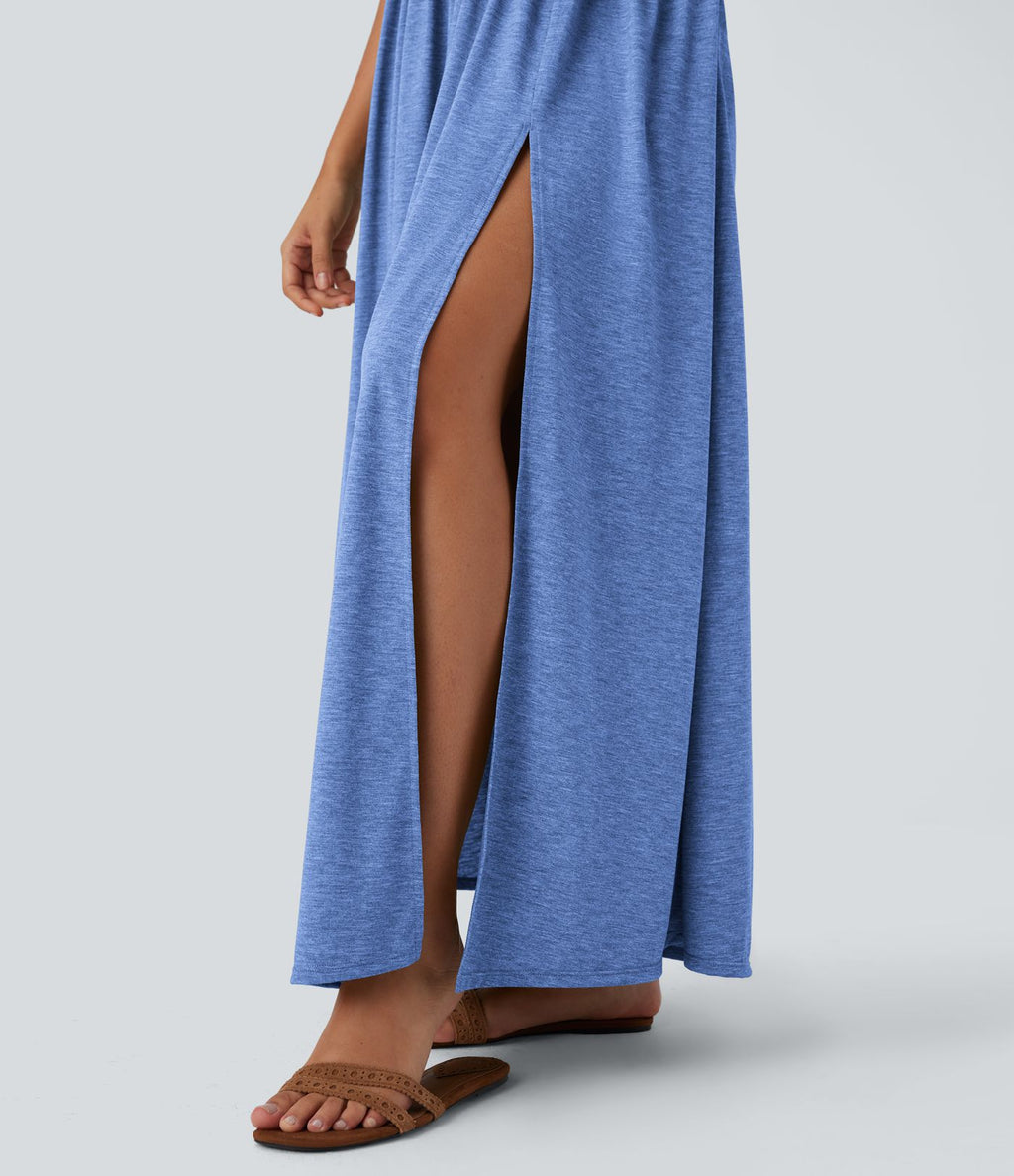 Robe longue fluide fendue avec poches latérales, dos nu et effet torsadé