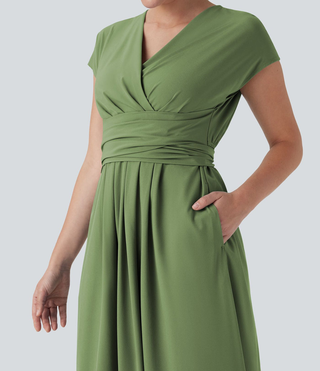 Robe midi Breezeful™ col V manches courtes à liens dans le dos séchage rapide avec poches latérales