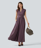 Robe midi fluide esprit bureau sans manches col V avec poches