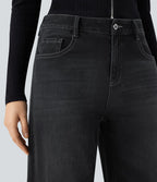 Halara Flex™ Jean Large Casual Taille Basse avec Boutons Zip Multiples Poches Lavés Élastiques et Tricotés