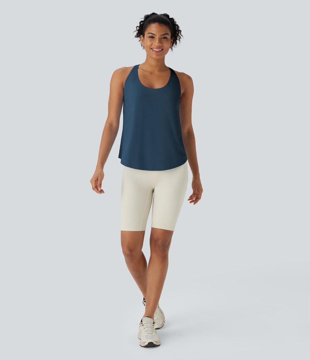 Débardeur yoga dos nu col U avec bretelles croisées, ourlet arrondi et effet frais InstantCool, protection solaire UPF50+