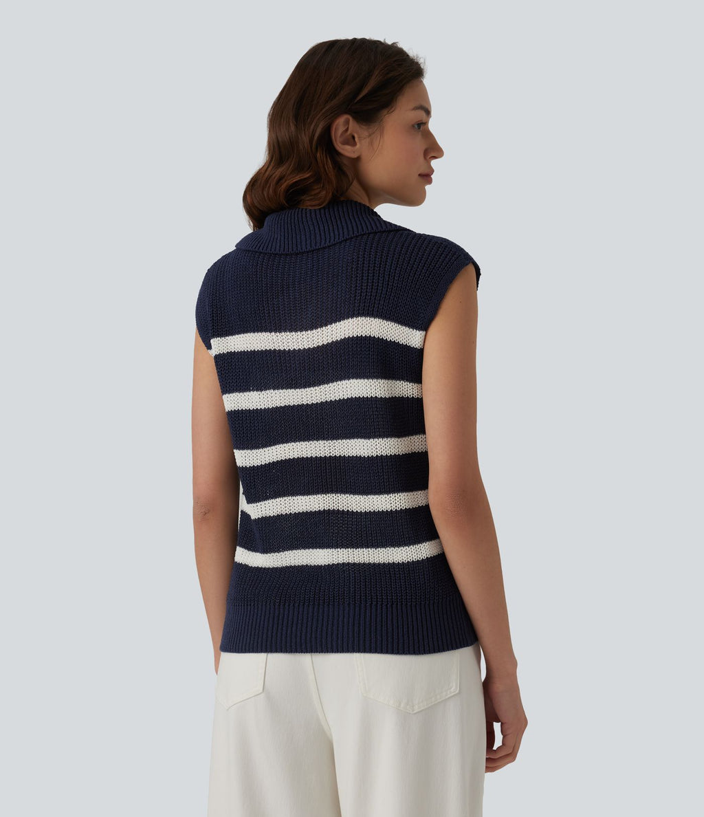 Pull décontracté sans manches demi-zip à rayures