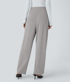 Pantalon décontracté barrel droit en crêpe, taille haute, avec poches