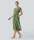 Robe midi Breezeful™ col V manches courtes à liens dans le dos séchage rapide avec poches latérales