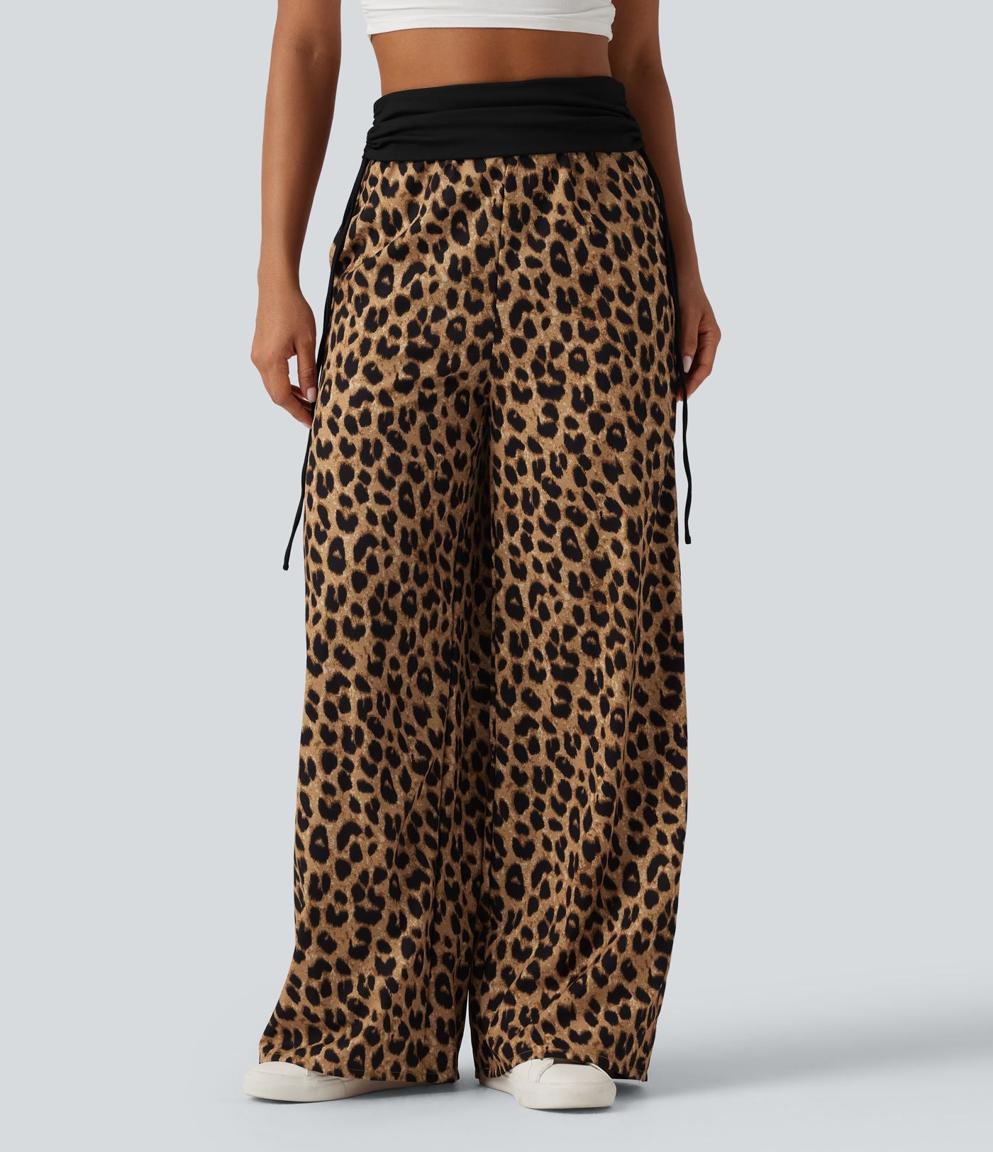 Pantalon baggy casual à imprimé léopard taille haute à revers avec fronces, cordon et poches