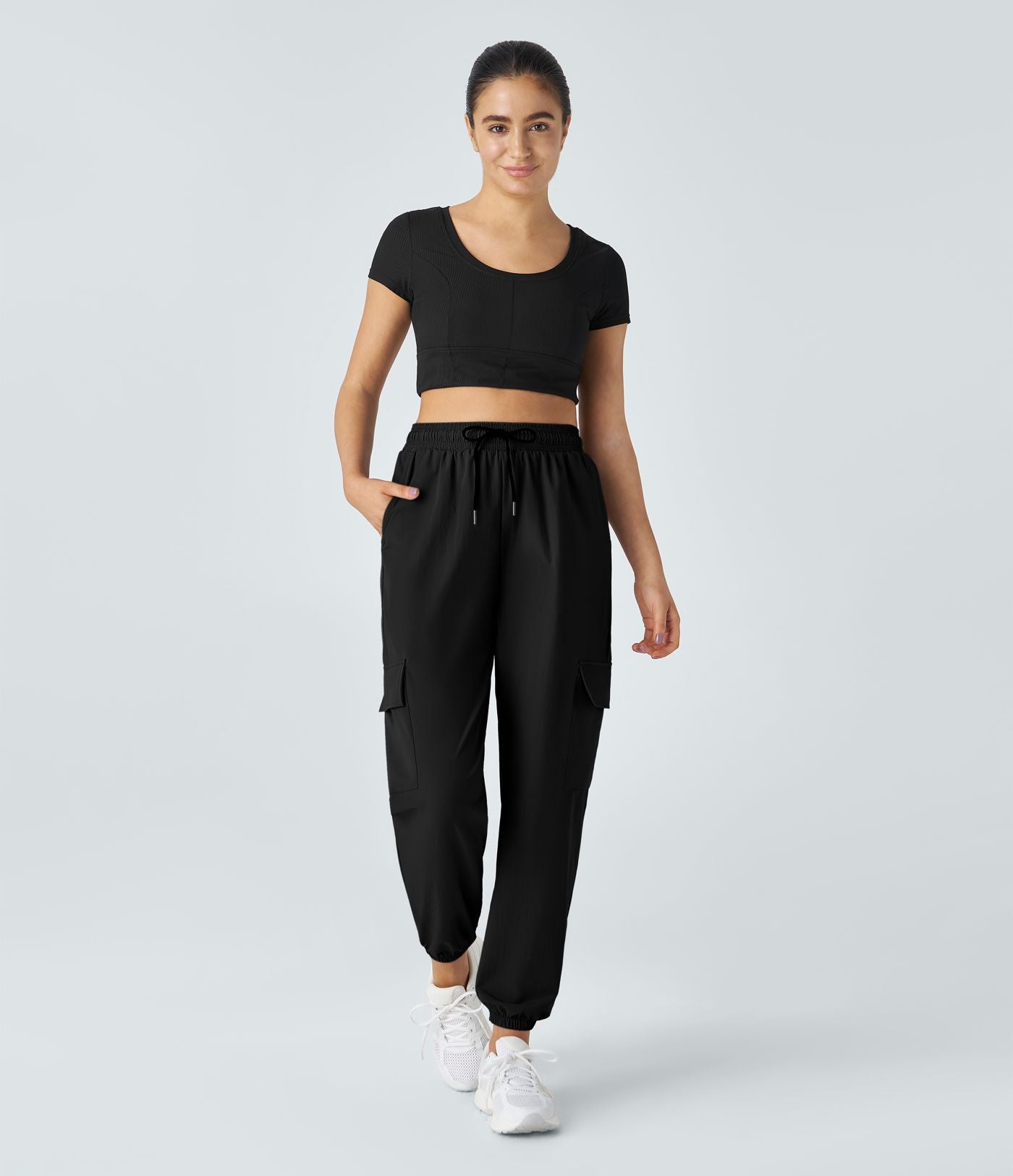 Jogging Cargo Casual à Taille Mi-Haute Cordon de Serrage et Poches Latérales