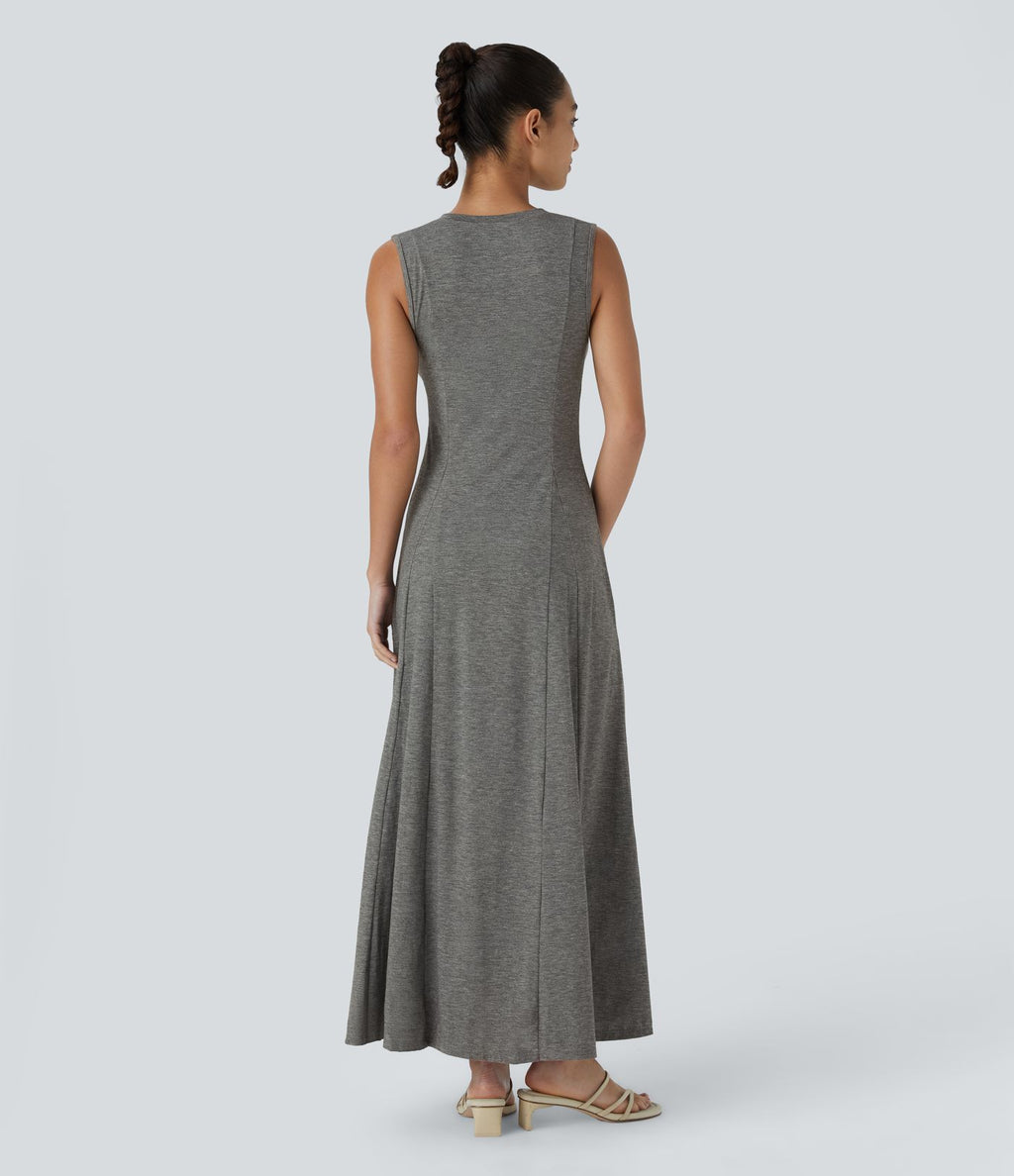 Robe Casual Maxi Col Rond Sans Manches Boutonnés