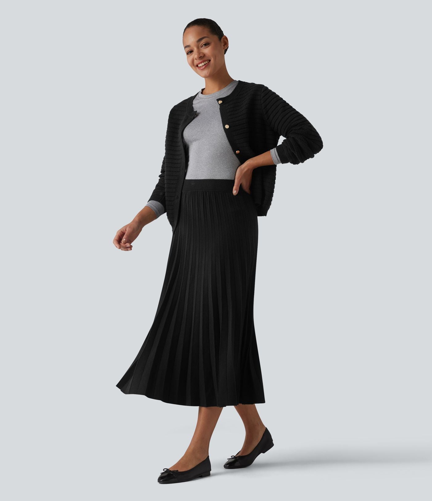 Jupe midi casual en maille plissée taille haute, coupe trapèze