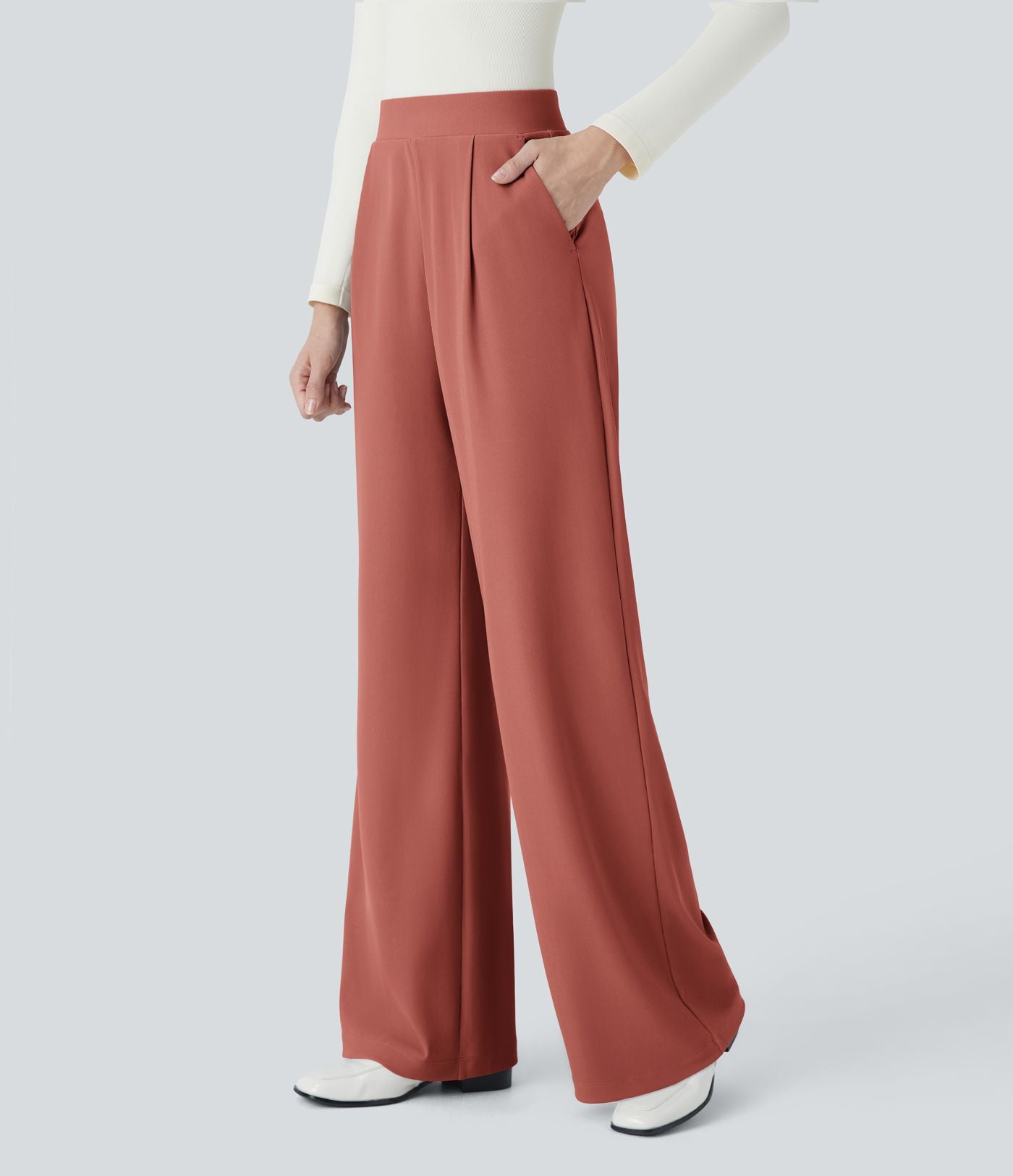 Halara Flex™ Pantalon Tailleur Évasé à Taille Haute Sculptant la Silhouette avec Poches Latérales Micro Waffle