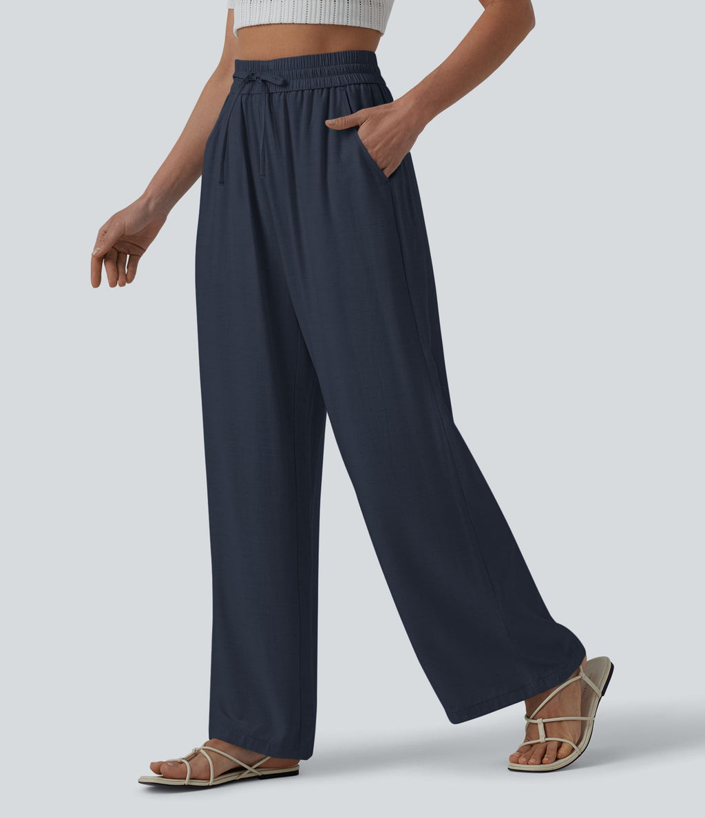 Pantalon casual large fluide mélange lin taille haute avec cordon de serrage et poches
