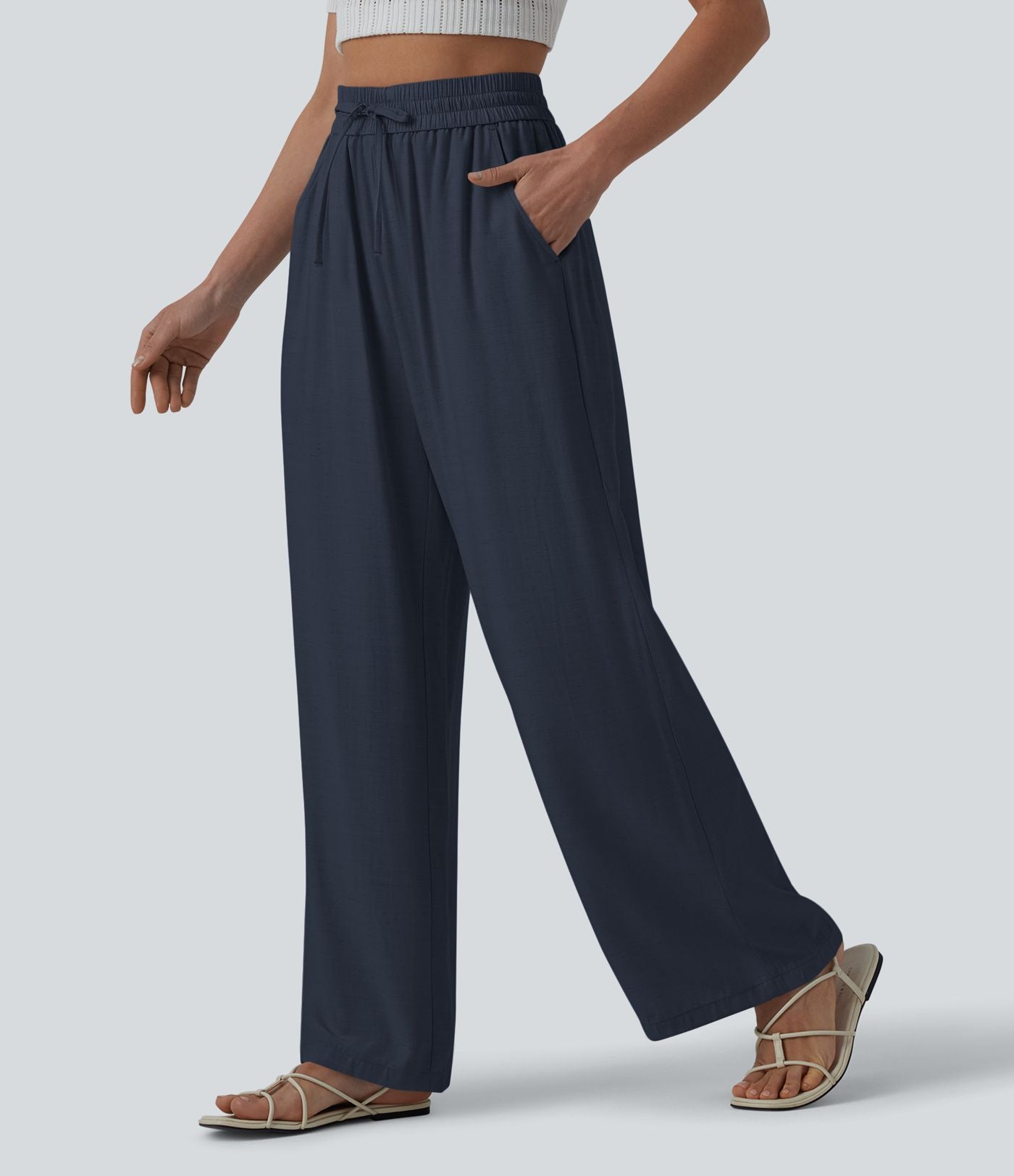 Pantalon casual large mélange lin taille haute avec cordon de serrage et poches