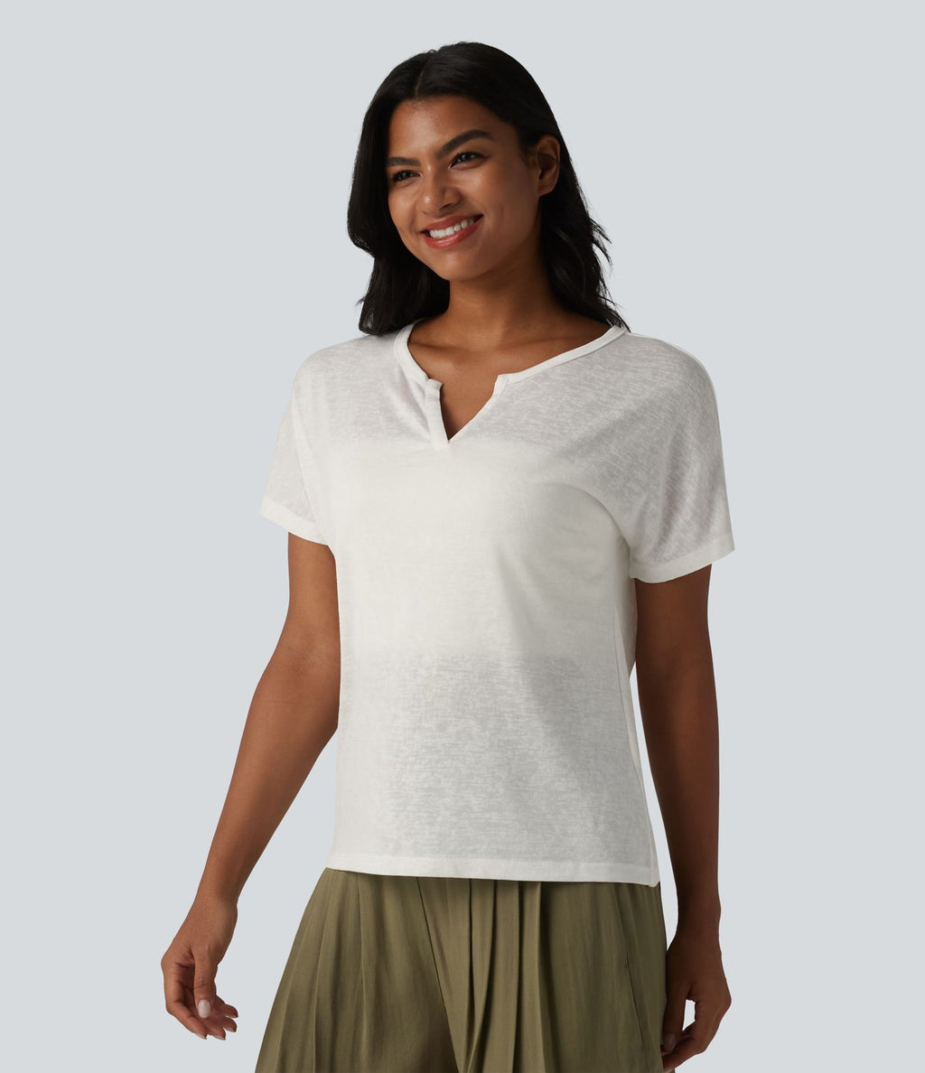 T-shirt casual col V semi-transparent en lyocell manches courtes