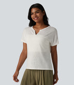 T-shirt casual col V semi-transparent en lyocell manches courtes