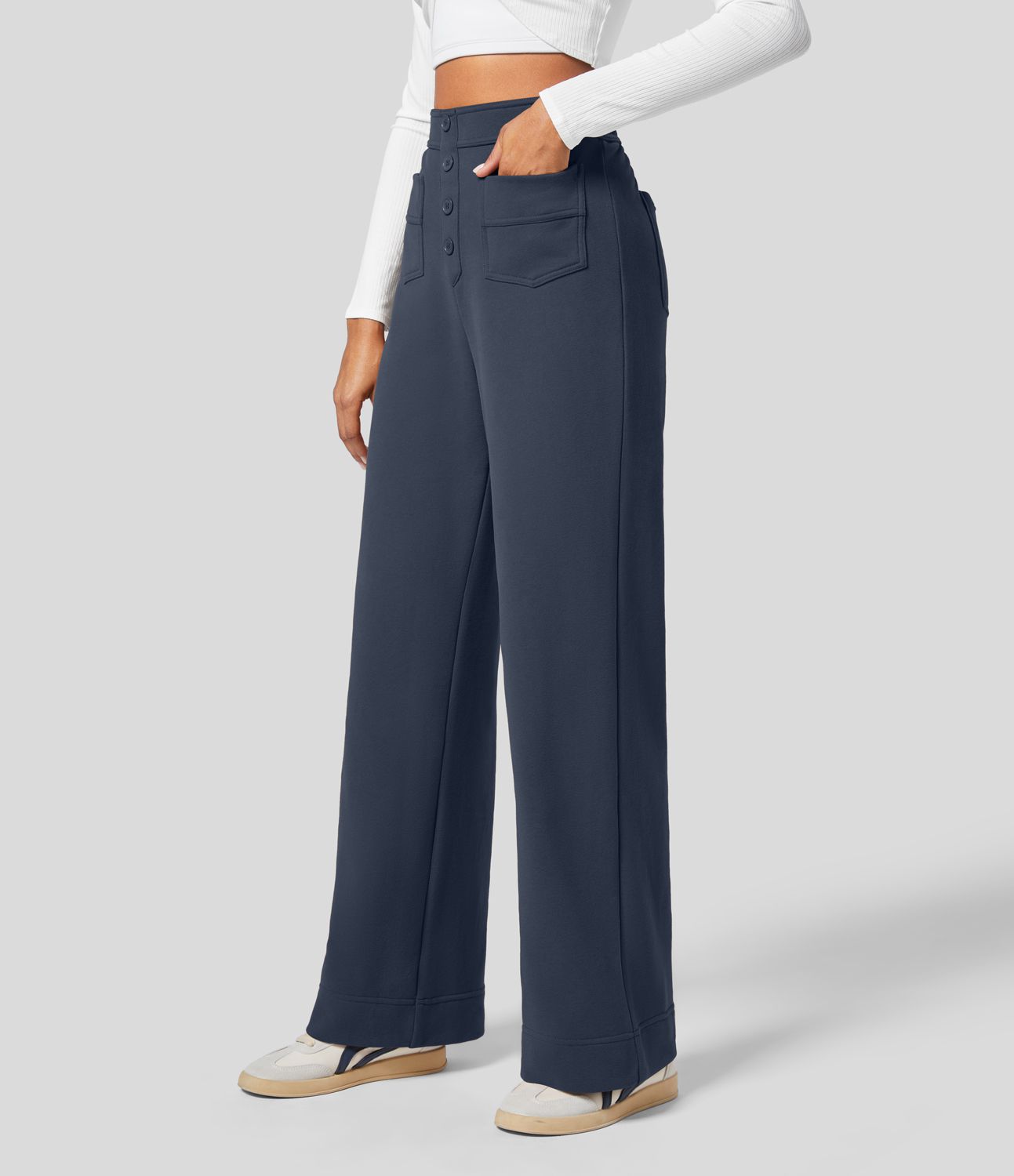 Pantalon Jogging en Fleece Thermique Jambe Droite Boutons Taille Haute Plusieurs Poches