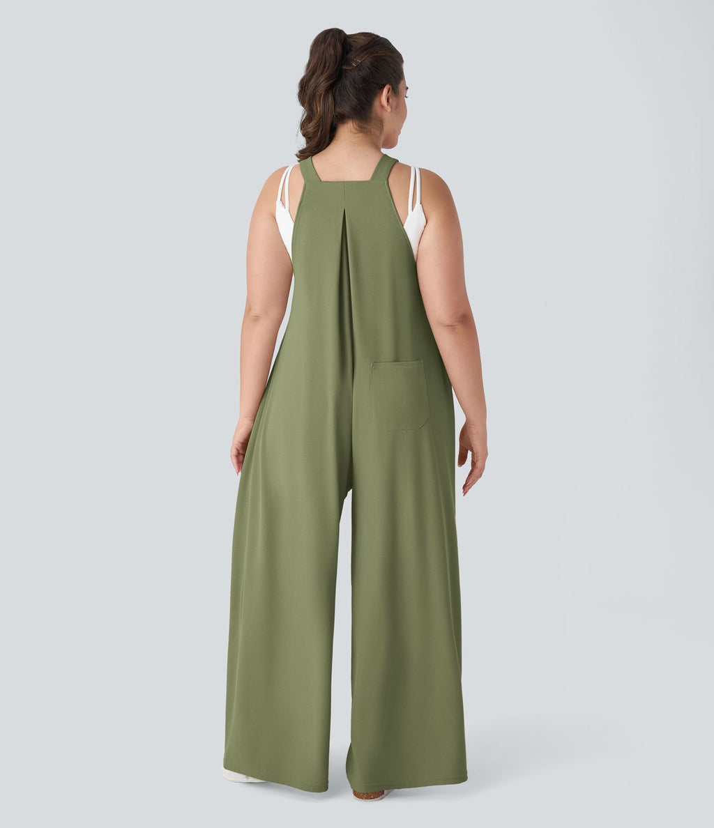 Salopette Casual Grande Taille en Gaufré avec Bretelles Ajustables Boutons et Poches Multiples