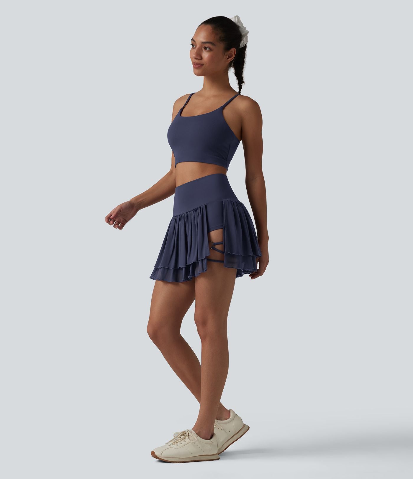 Jupe de danse mini 2-en-1 en mesh respirant à volants et ourlet asymétrique taille haute avec poches