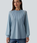 Blouse mesh contrastant col rond manches raglan longues