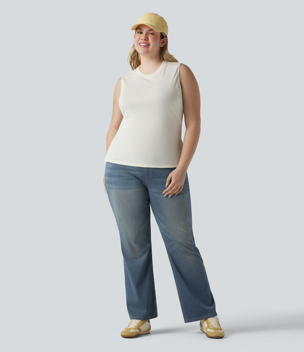 Jean décontracté Halara Flex™ grande taille bootcut taille haute en maille extensible délavée avec multiples poches
