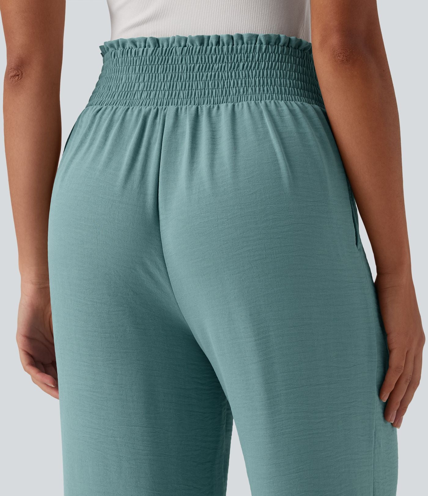 Pantalon droit décontracté aspect lin taille haute à nouer devant avec poches