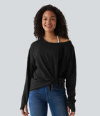 T-shirt casual en coton col bateau manches longues avec trous pour pouces et liens latéraux