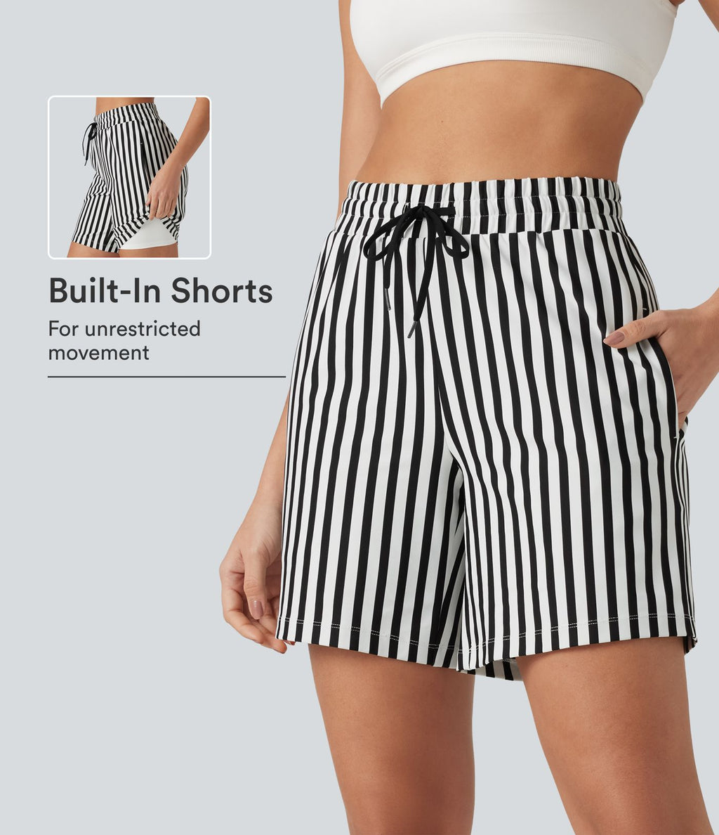 Short de yoga 2 en 1 à rayures taille haute avec cordon de serrage, poches, 17,5 cm