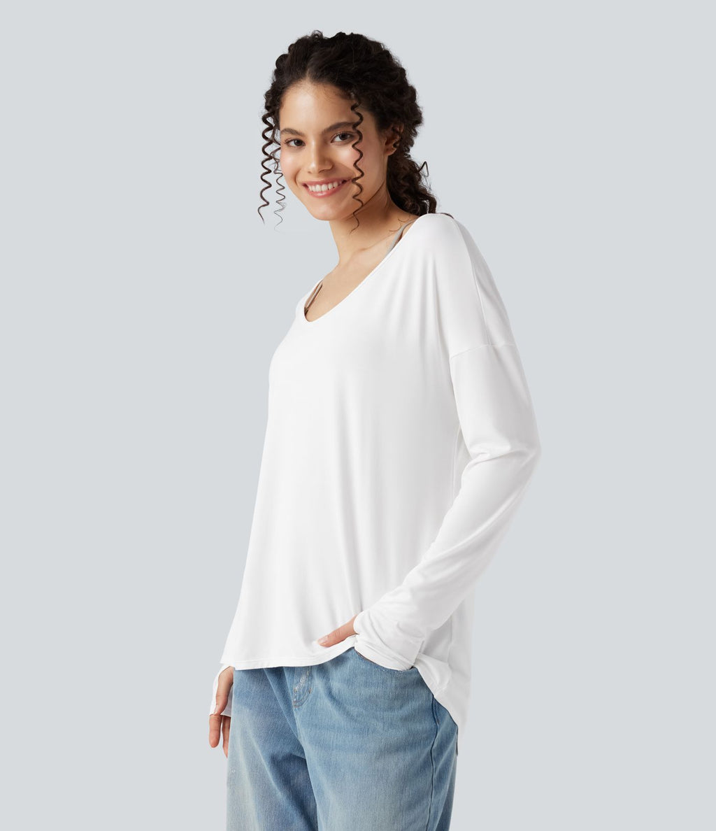 T-shirt décontracté col V profond manches longues à trous pouces coupe décontractée - Réversible devant et dos