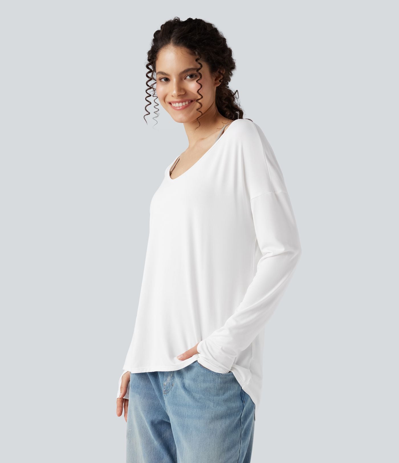 T-shirt décontracté col V profond manches longues à trous pouces coupe décontractée - Réversible devant et dos