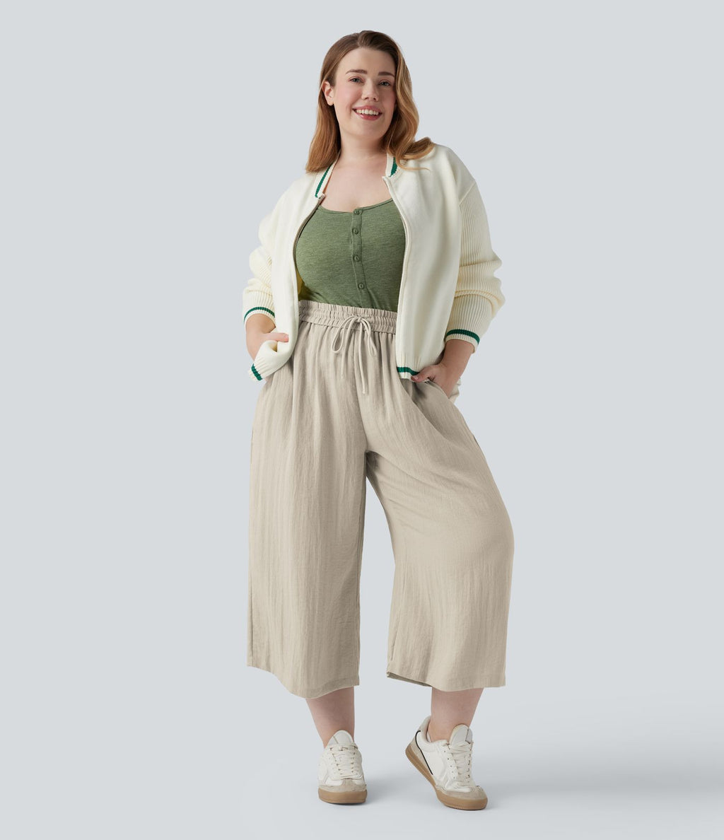 Pantalon grande taille large fluide taille haute avec cordon de serrage, poches et aspect lin