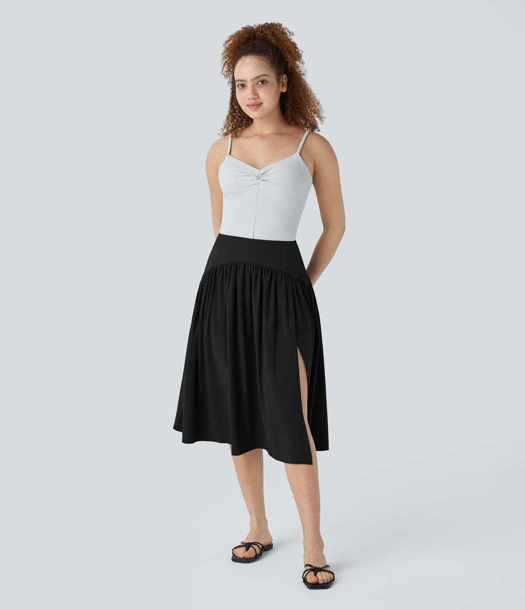Breezeful™ Jupe de Vacances Midi Fluide à Taille Haute Plissée Fendue et à Séchage Rapide