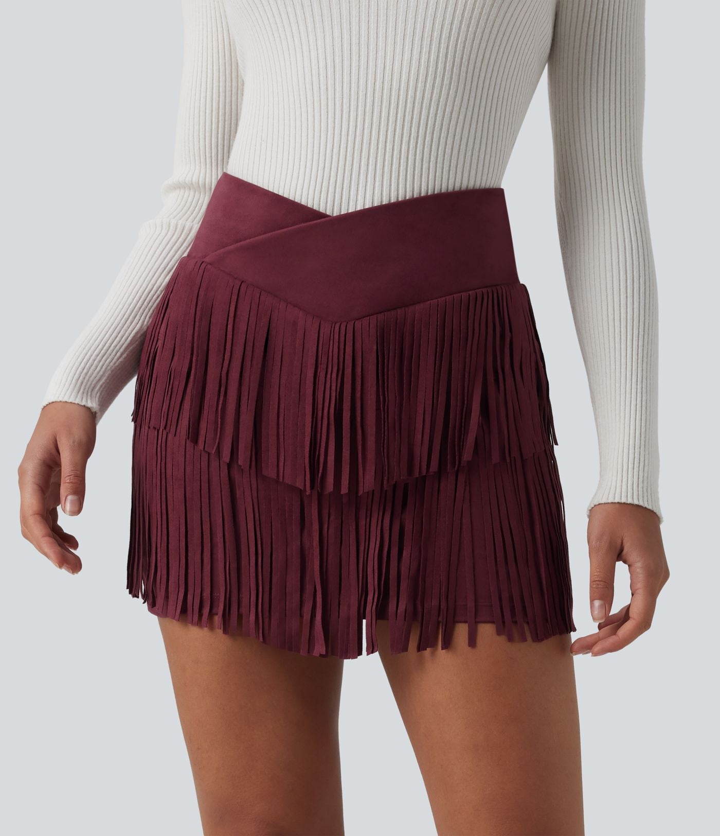 Jupe mini de soirée ajustée effet daim taille haute croisée 2-en-1 à franges