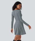 Robe décontractée mini évasée maille côtelée col V manches longues