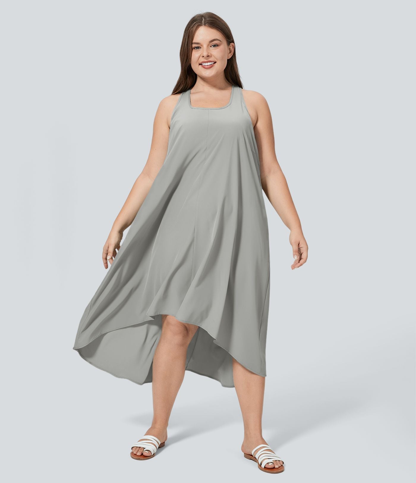 Breezeful™ Dos Nu Racerback Poche Latérale Haut Bas Fluide Midi Séchage Rapide Décontracté Robe Grande Taille