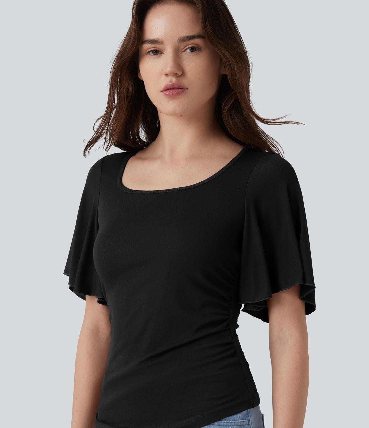 T-shirt décontracté maille côtelée col carré manches papillon froncé