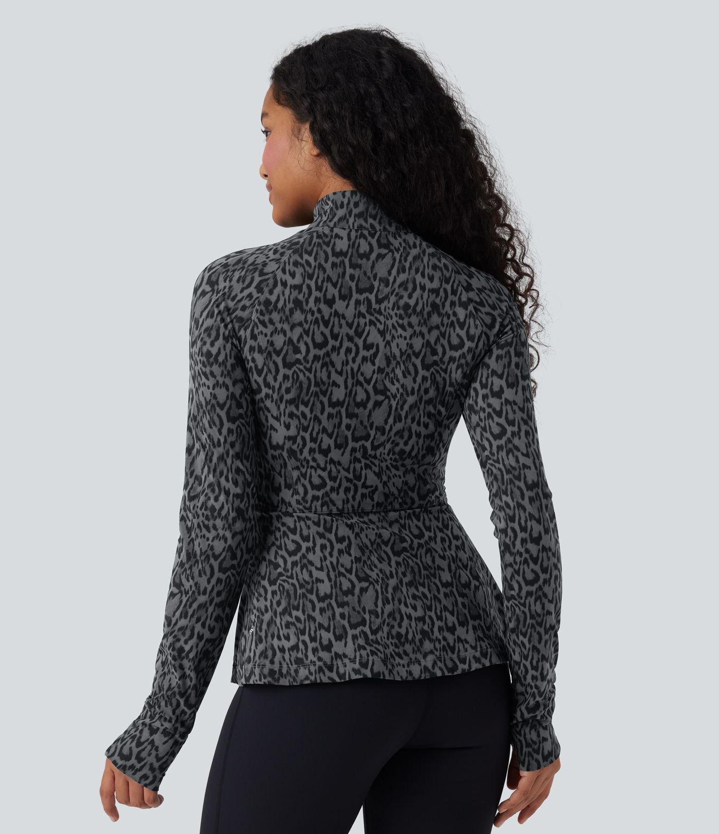 Veste décontractée Halara UltraSculpt™ imprimé léopard col montant manches longues avec trous pour pouces et poches