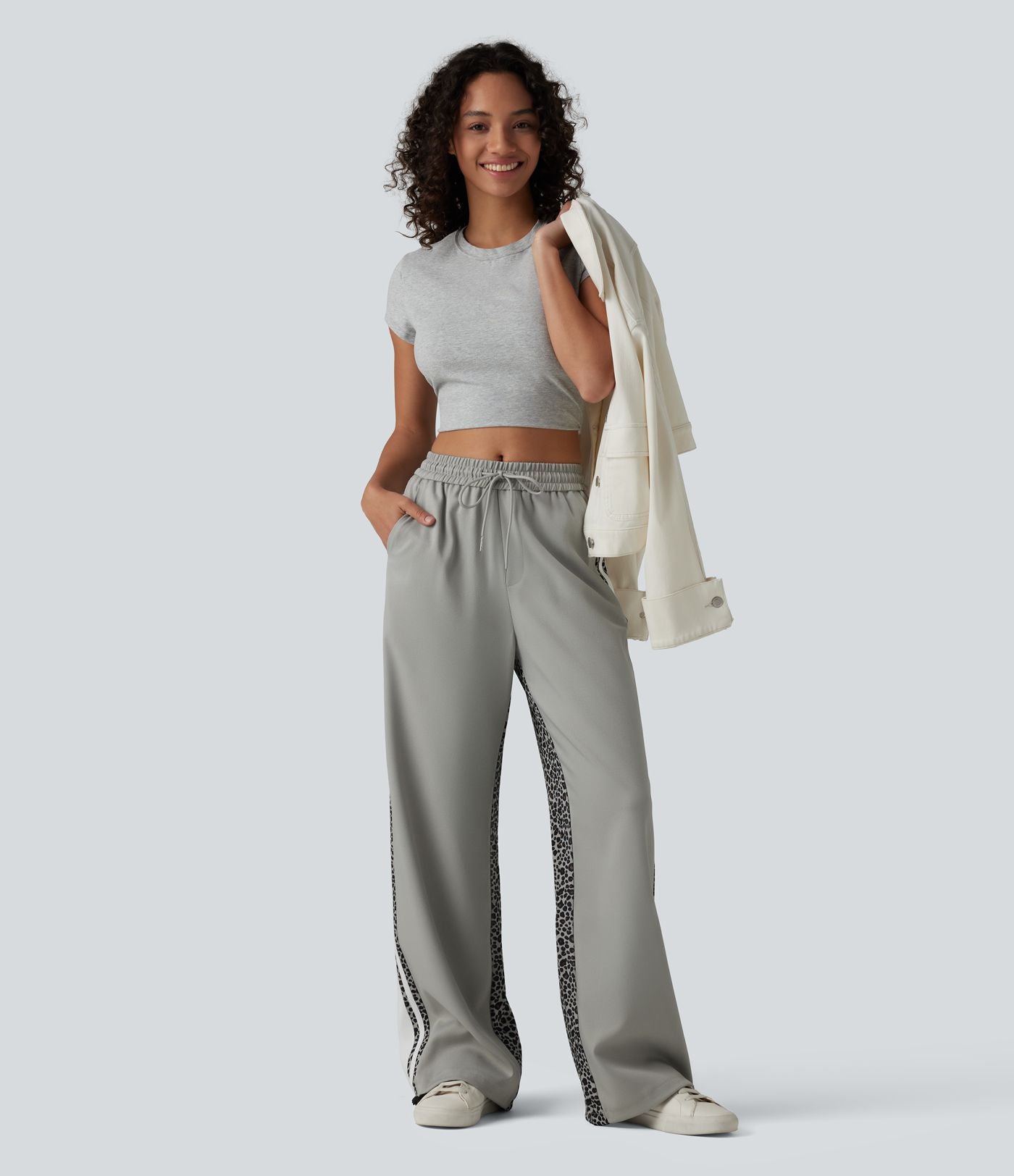 Pantalon ample décontracté taille mi-haute avec cordon de serrage color block rayures léopard contrastant avec poches