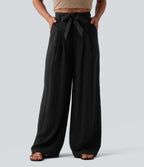 Pantalon casual ample taille haute aspect lin avec ceinture et poches