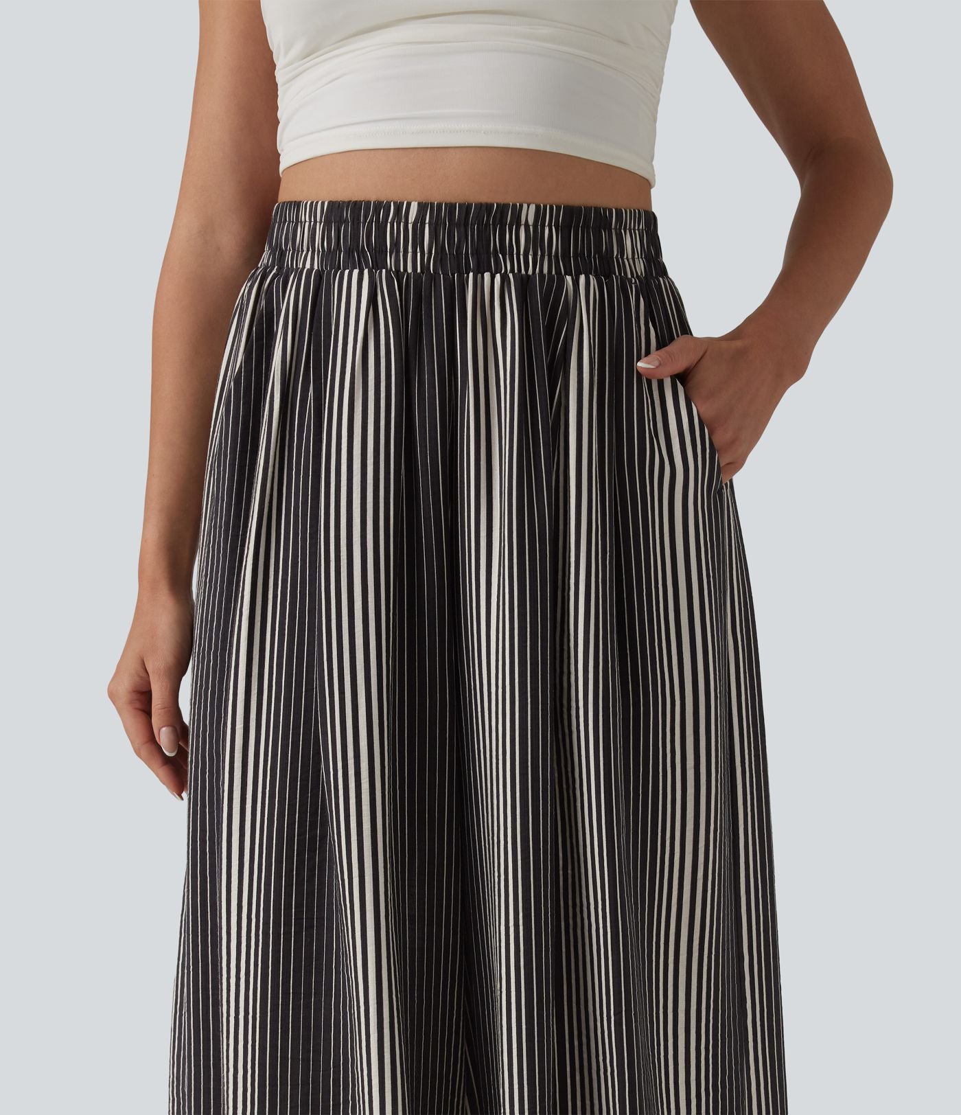 Pantalon large 7/8 taille haute à rayures avec poches