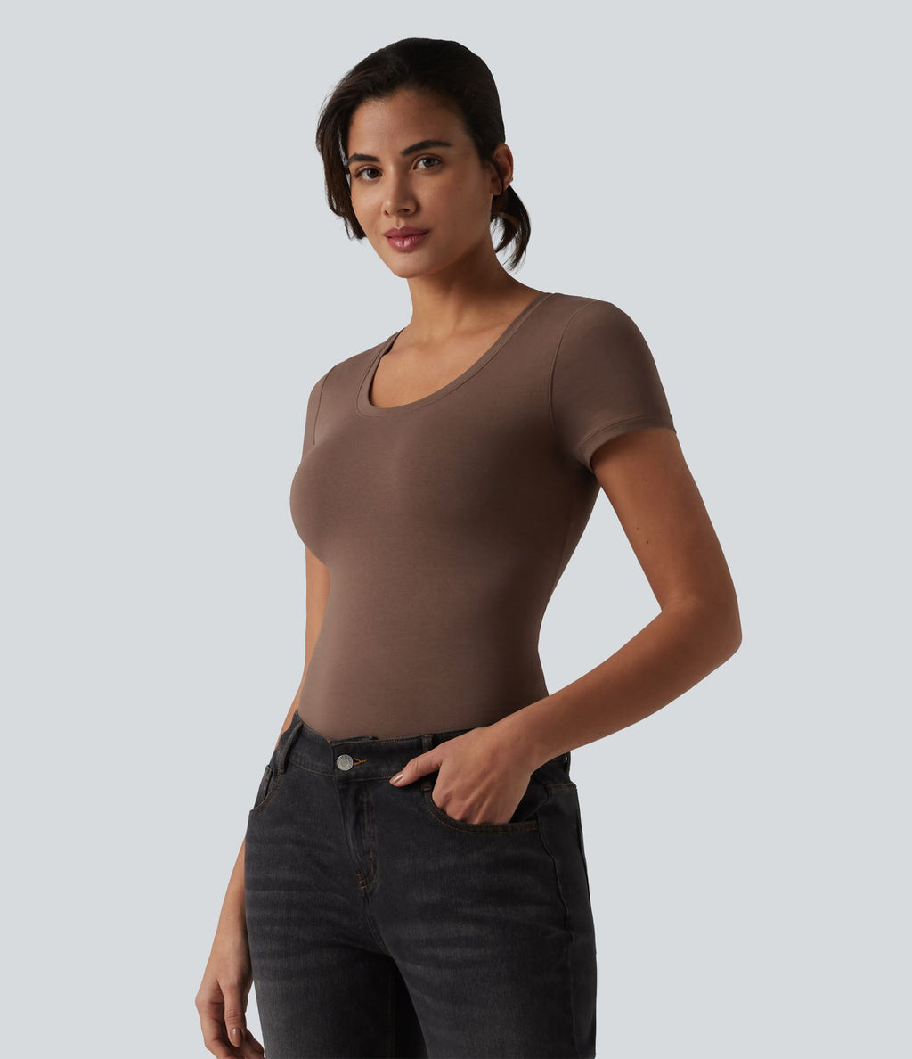 Halara T-shirt en jersey de coton col rond échancré manches courtes avec soutien-gorge intégré bonnets B-DD