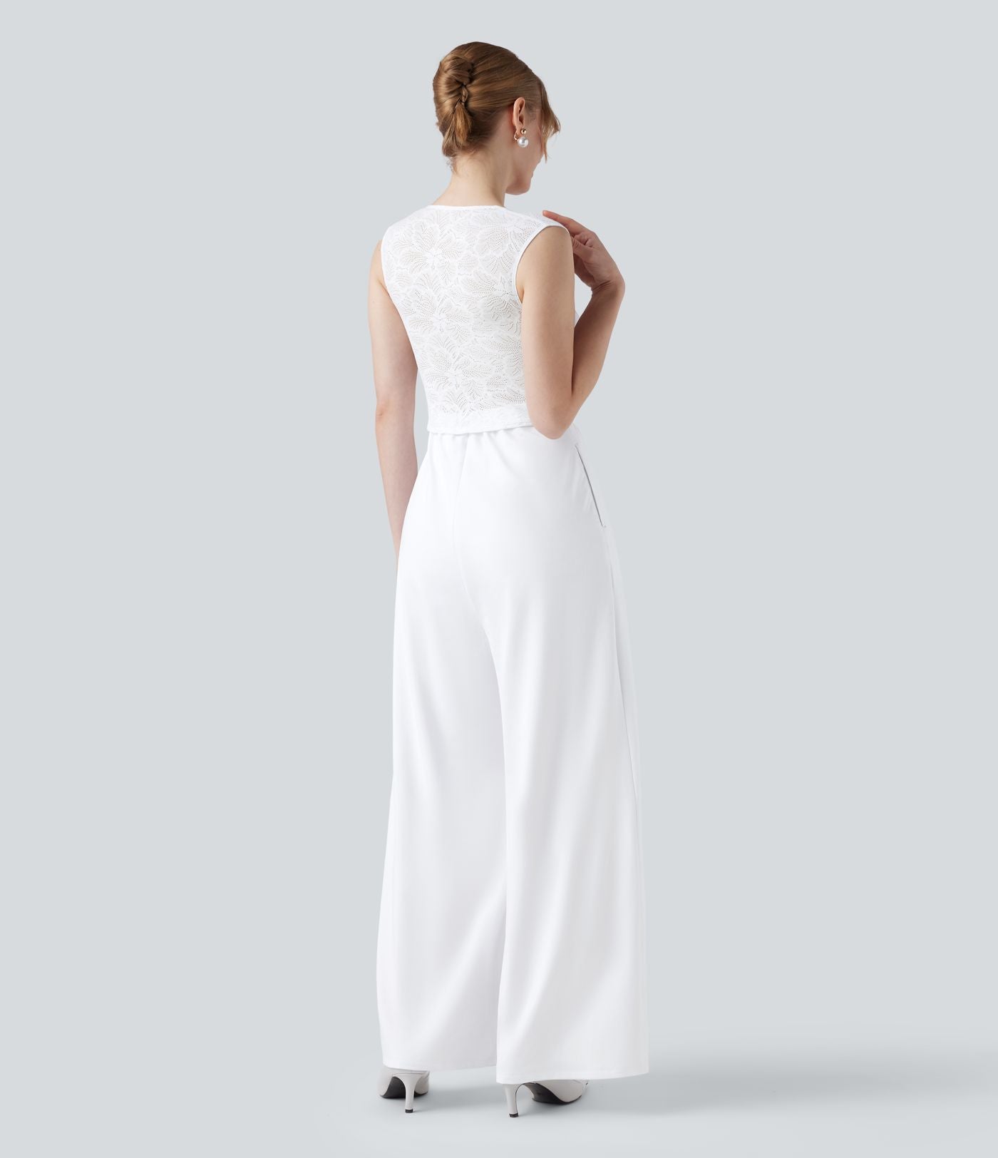 Combinaison-pantalon de mariage et demoiselle d'honneur sans manches encolure carrée avec dentelle contrastée et poches - Easy Peasy
