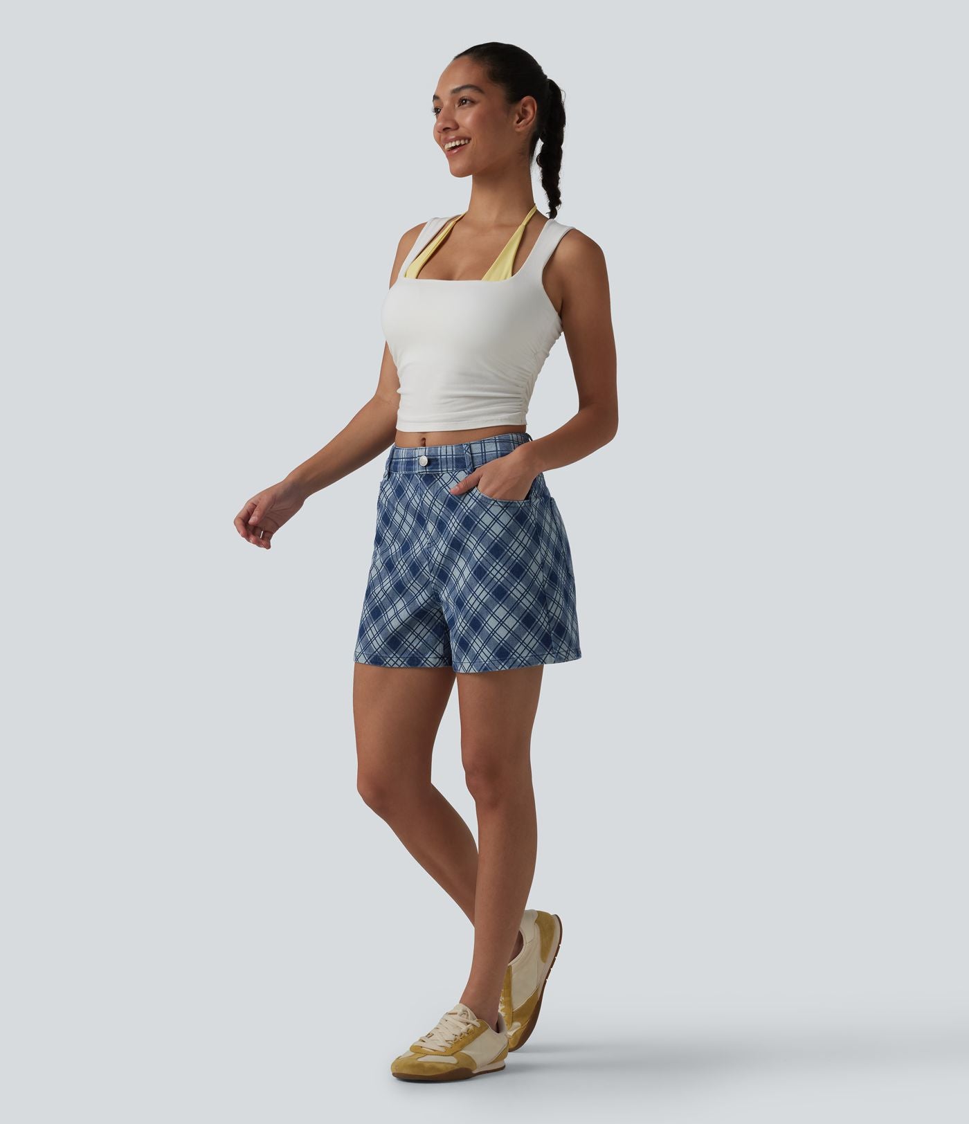 Short décontracté en denim à carreaux Halara Flex™ taille mi-haute 10 cm avec poches