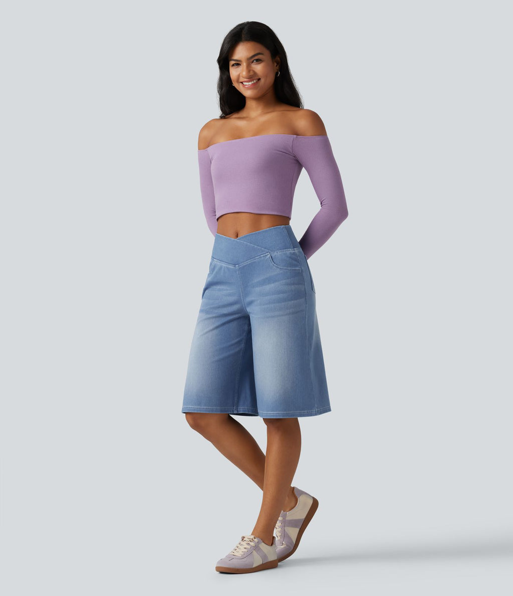 Short en jean ample Halara Flex™ taille haute croisé gainant décontracté avec poches