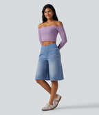Short en jean ample Halara Flex™ taille haute croisé gainant décontracté avec poches