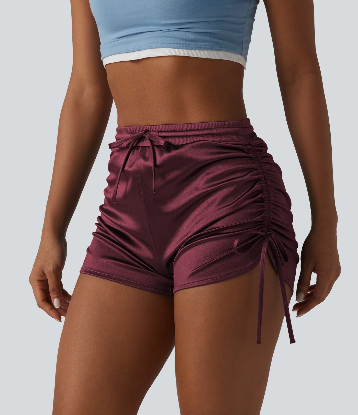 Short décontracté satiné taille haute avec cordon de serrage froncé et poche